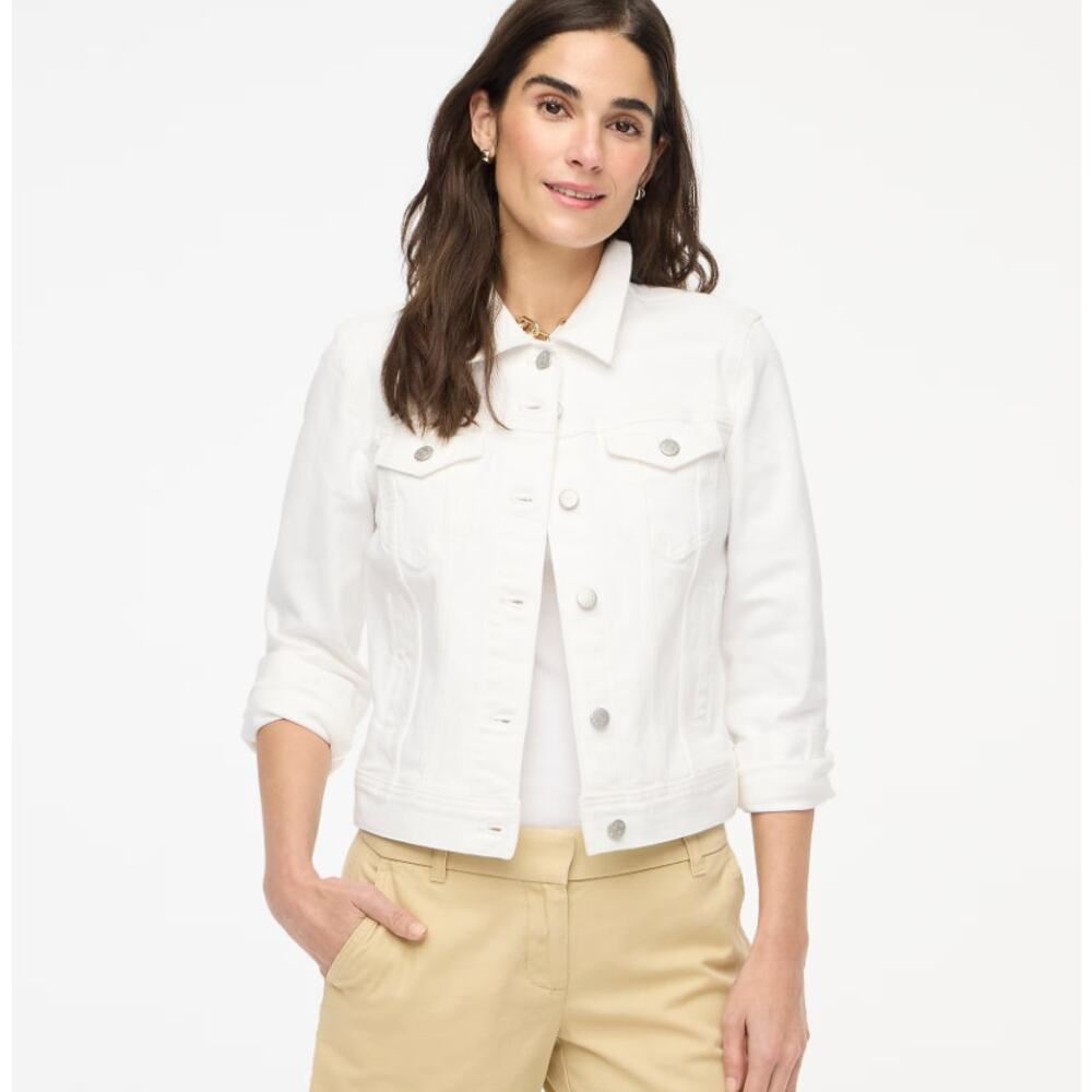 J.Crew Classic Jean Jacket WMNS L White Wash Button Up Stretch Pockets Collared